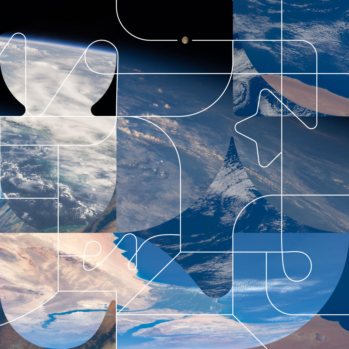 Abstract collage of satellite imagery showing Earth's oceans, clouds, and land with interconnected line art symbolizing deep ocean to deep space.