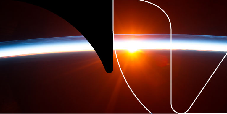 View of Earth's atmospheric horizon and sunrise from space with artistic line overlays for the INTERWOVEN project.